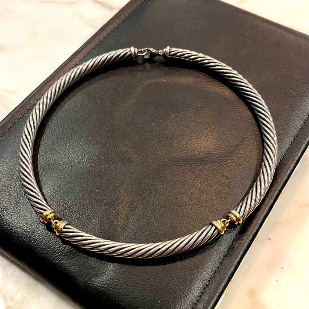 David Yurman Silver Cable Necklace with 14K Gold Accent Rings